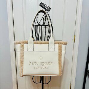KATE SPADE JETT FAUX SHEARLING LEATHER MERINGUE EMBROIDERED LOGO TOTE LARGE